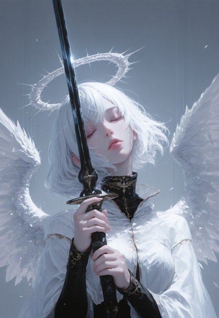 aetrns2, weapon, solo, sword, 1girl, white hair, holding, holding weapon, halo, holding sword, wings, upper body, angel, short hair, lips, detailed lighting, low contrast, cover, masterpiece, best quality, beautifully drawn, elegantly detailed, 8k, newest
