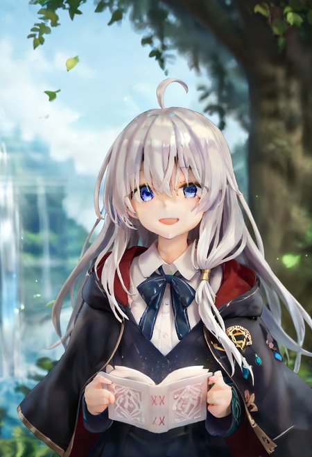 score_9, score_8_up, score_7_up, 1girl, solo,   elaina ,<lora:ElainaFinal-19:0.7>, <lora:add_detail:0.7>,  shirt, skirt, robe, bow, upper body, looking at viewer, day, light smile, outdoors,  open mouth,