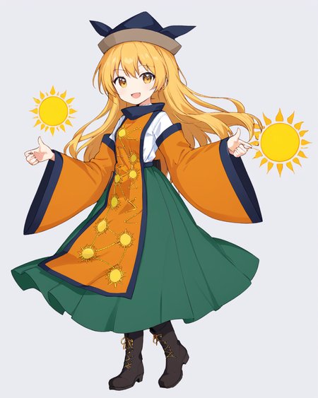 matara okina,1girl, tabard, solo, hat, orange_cape, brown_headwear, green_skirt, open_mouth, black_headwear, wide_sleeves, long_sleeves, boots, constellation_print, detached_sleeves, orange_sleeves, sun_symbol, smile, looking_at_viewer, standing, white_shirt, constellation, white_background, thumbs_up, black_footwear, simple_background, triangle_mouth, full_body
<lora:matara_okina_image1460_2023-12-20-000014:1>,star-shaped_pupils,symbol-shaped_pupils,. gorgeous,key visual, vibrant, studio anime,award-winning, professional, highly detailed,high budget, cinemascope