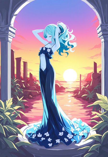masterpiece, best quality, amazing quality, very aesthetic, absurdres, newest, 8k, detailed background, hebitsukai_illu, ma1ma1helmes_b_illu,sketch, 
BREAK, 
1girl, light blue skin, flower shoulders, flower clothing, dark blue dress, short teal hair, wavy hair, shimmering clothing, translucent, flowing clothing, exposed shoulders, midriff, on pedestal, standing, hands behind head, facing down, facing to the side, BREAK, vibrant backdrop, tropical foliage, ancient ruins, brilliant sunset, serene, colorful, detailed background, dramatic lighting, depth of field, volumetric lighting
