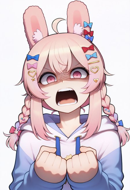 masterpiece, best quality, good quality,
pipkin pippa, hair ornament, braid, 1girl, animal ears, hoodie, pink hair, star (symbol), bow, hood, rabbit ears, heart hair ornament, solo, ahoge, star hair ornament, pink eyes, virtual youtuber, open mouth, blue bow, rabbit hair ornament, hair bow, hood down, white background, twin braids, long hair, rabbit girl, heart, teeth, upper body, drawstring, sidelocks, simple background, pink bow, red bow, v-shaped eyebrows, white hoodie, angry, ear bow, disgust, looking at viewer, jacket, animal ear fluff
<lora:merratatustle_illustrious_v1_vpred:1>