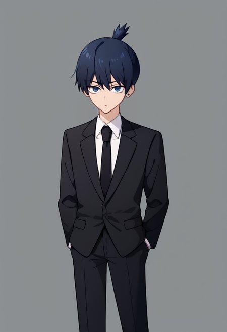 score_9, score_7_up, <break> simple background, grey background, solo, male focus, 1boy, hayakawa aki, expressionless, looking at you, standing, hands in pockets, black hair, topknot, blue eyes, formal, black suit, black jacket, suit jacket, long sleeves, white shirt, collared shirt, black necktie, black pants, stud earrings
 <segment:yolo-face_yolov8m.pt,0.4,0.5//cid=1>