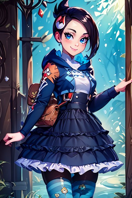 score_9, score_8_up, score_8, medium breasts, (curvy), cute, eyelashes,       BREAK, , zzMai, black hair, blue eyes, mole, mole under mouth, short hair, eyelashes, black footwear, black skirt, boots, brown bag, character print, diamond clan outfit, hood, hood down, jacket, pantyhose, pouch, print pantyhose, skirt, long sleeves, <lora:MaiPokemon_PDXL:0.8>, , BREAK, closed mouth, alternate costume, smile, looking at viewer, blush,  zzLFashion, frilled dress, frills, bow, dress, striped thighhighs, sweetL, cowboy shot,  embedding:zPDXL, Expressiveh,  <lora:Vivid:0.7>,  <lora:LFashionPDXL:1>,  <lora:Uncensored_PonyXL_cpt_v02.09:0.4>,  <lora:Expressive_H-000001:0.4>,