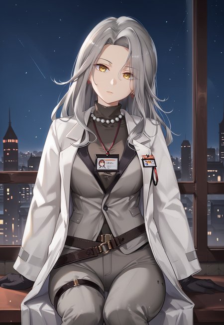 LadyGrey, long hair, labcoat, black gloves, grey hair, pearl necklace, white coat, grey pants, id card, yellow eyes, long sleeves, earrings, shirt, open coat, turtleneck, grey jacket, thigh strap, belt,

looking at viewer, sitting, leaning back, closed mouth, head tilt,
 
indoor, window, city, neon lights, dark, night, night sky, 

1girl, solo, solo focus, highres, absurdres, light particles, backlighting, shade, lens flare, shiny skin, fine fabric emphasis,