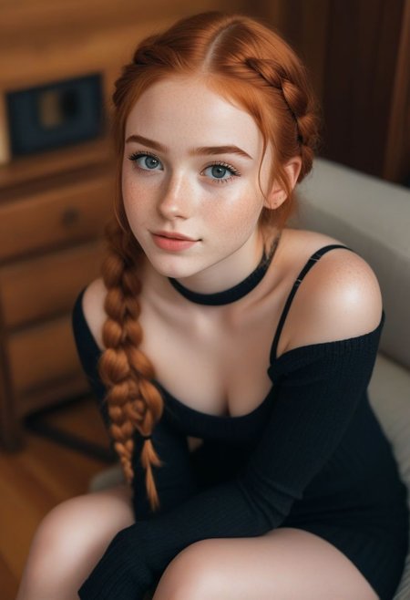 portrait, upper body, close up, cute woman, beautiful, 20 years old, (black bold eyeliner, makeup:1.3), freckles, soft smile,  shoulder length ginger braided hair at side, ear, 
kneeling, living room, freckles, knee high socks,  petite body, beautiful legs, realistic soft skin, looking at viewer, from above, pov, mischievous smirk, biting lip
hyperdetailed analog photo, Cinematic, wooden house,
