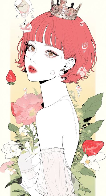 masterpiece, best quality, Good quality, very aesthetic, absurdres, newest, 1girl, solo, short hair, simple background, jewelry, brown eyes, upper body, pink hair, flower, earrings, red hair, parted lips, food, detached sleeves, white gloves, blunt bangs, white dress, water, from side, eyelashes, fruit, expressionless, leaf, white flower, plant, crown, pink flower, white sleeves, bubble, water drop, strawberry, red lips, mini crown, see-through sleeves, White skin, looking_at_viewer, Yellow gradient background, <lora:ponyv4_noob1_2_adamW-000017:0.7> <lora:MeMaXL4:0.4> <lora:pantz41:0.5>