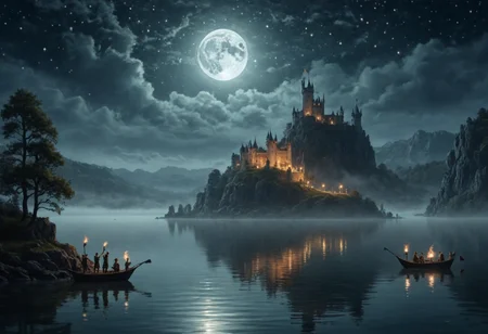 A mystical scene at night, with a big quiet lake with a group of elves holding torches, a little island on the lake, old castle background, night sky with big moon, fog, stars, galaxies, Oil painting, (8k uhd:1,4)  <lora:add-detail-xl:1.2>