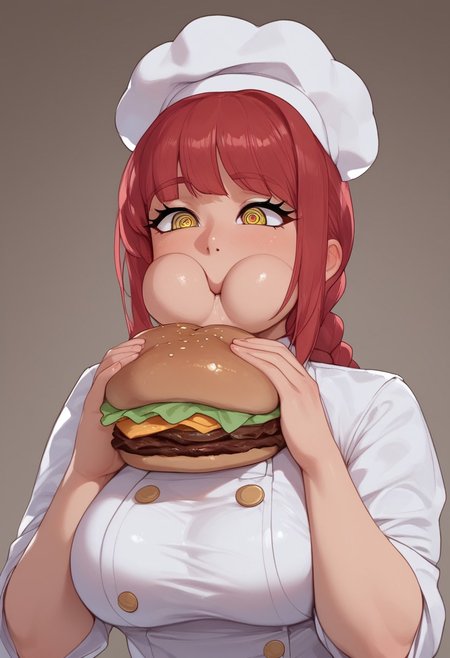 ASCII Makima, yellow eyes, spiral eyes, score,score_9, score_8_up, score_7_up, expressiveh, speedlines, anime style, big natural breasts, oiled body, high quality, show full body ,chef uniform, female, eating hamburger, hamburger, cute face, chef hat