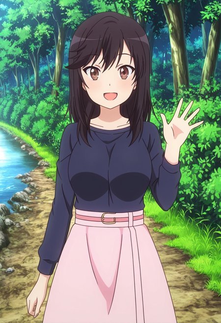 general,highres, ultra-detailed,very aesthetic,best quality ,best hands,best eyes,easynegative,
dynamic anglre, dutch angle, anime cloring,anime screencap,
1girl solo,looking at viewer,forest,river,open mouth,smile,waving hand,
Hotaru Ichijou,black hair,long hair,large breasts,brown eyes,shirt,skirt,