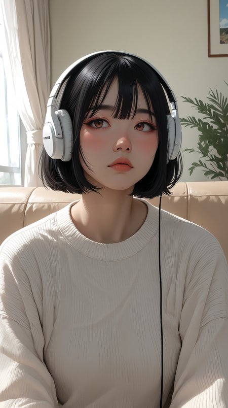 masterpiece, best quality, amazing quality, very aesthetic, absurdres, newest, scenery, anime coloring, flat color, 
1girl, solo, asian, short hair, black hair, hair between eyes, thick eyebrows, brown eyes, detailed eyes, slight blush, nose blush, white headphones, looking sideways,  
casual outfit, white sweater, ribbed sweater, 
living room, white wall, sitting, beige couch, window, white curtains, sunrays, dappled sunlight, sidelighting, slice of life, realistic shading, shadow, soft lighting,