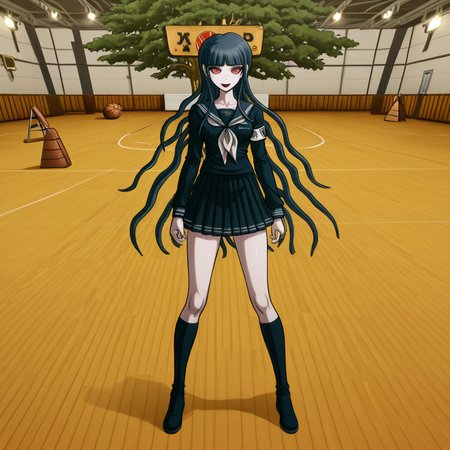 masterpiece, best quality, absurdres, <lora:Danganronpa_Locations:1>,  danganronpa sprite style, danganronpa_sprite_style , <lora:Amemiya_Darumi_Danganronpified:0.4>,1girl,:d,amemiya_darumi,armband,black_boots,black_bow,black_hair,black_sailor_collar,black_serafuku,black_shirt,black_skirt,blood,blood_from_eyes,blue_hair,blunt_bangs,bodysuit,boots,bow,collarbone,full_body,gradient_hair,hair_bow,knee_boots,komatsuzaki_rui,last_defense_academy_school_uniform,long_hair,long_sleeves,miniskirt,mole,mole_under_mouth,multicolored_hair,neckerchief,pleated_skirt,red_eyes,sailor_collar,school_uniform,serafuku,shirt,skirt,smile,solo,standing,tachi-e,the_hundred_line_-last_defense_academy-,two_side_up,very_long_hair,white_armband,white_bodysuit,white_neckerchief , indoor_scene,gymnasium,basketball_court,stage,large_tree_mural,golden_backdrop,illustration,wooden_floor,basketballs,podiums,plaques,wooden_podium,red_plaque,school_logo,shiny_floor,spotlights,stage_lights,orange_floor,brown_podiums,empty_gym,basketball_symbol,danganronpa,danganronpa_(series),danganronpa_2:_goodbye_despair,danganronpa 2,danganronpa sprite style,danganronpa_sprite_style