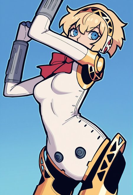 1girl, solo, aegis \(persona\), blue background, 
masterpiece, best quality, <lora:welwraith-guy90-Illust-Lycorisv1:1> welith