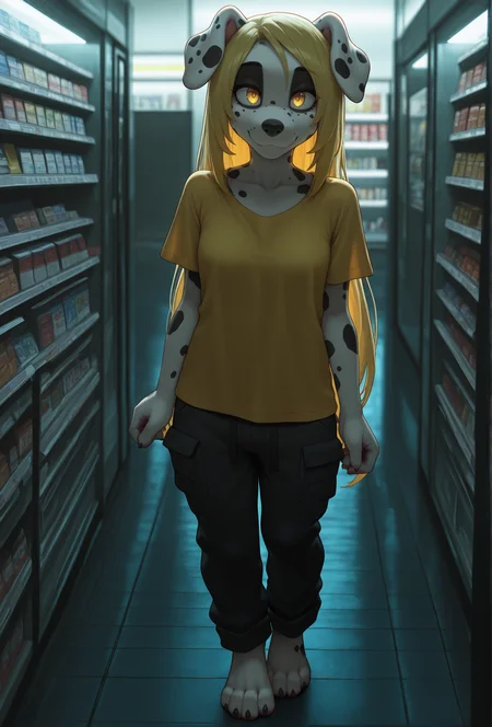 (masterpiece, best quality, very aesthetic, absurdres:1.2)  <lora:rysonanthrodog_style_illustrious_v1:1> rys0nstyle, 1girl, furry, solo, looking at viewer, smile, dalmatian yellow hair, yellow eyes, very long hair BREAK
yellow t-shirt, black cargo pants, convenience store, dark, low lighting, dim lighting, detailed background, feet