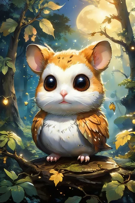 A hyper-realistic and dreamlike scene featuring a Hamtaro cleverly disguised as an owl, perched on a tree branch under the moonlight. The Hamtaro's owl costume is intricately detailed, with feathers and a small beak, blending seamlessly into the night scene. The moon casts a soft, ethereal glow, illuminating the Hamtaro tiny figure and creating a magical, surreal atmosphere. The surrounding forest is shrouded in mist, with delicate leaves and branches adding to the enchanting setting. The details of the Hamtaro's fur, the owl costume, and the moonlit environment are meticulously rendered, making it a captivating and whimsical visual experience.
hyper-realistic, dreamlike, Hamtaro disguised as owl, perched on tree branch, moonlight, intricately detailed costume, feathers, soft ethereal glow, magical, surreal, misty forest, delicate leaves, enchanting setting, detailed fur, captivating, whimsical visual experience.
<lora:tbh253-sdxl:0.8> style of Hamtaro, 
<lora:add-detail-xl:1.0>,
<lora:EnvyBetterHiresFixXL01:1.0>,
<lora:extremely_detailed:1.0>, extremely detailed,
<lora:EldritchMixIllustration_1.1:0.75>,
<lora:SDXLFaeTastic2400:0.6>, 
<lora:zavy-cntrst-sdxl:0.5> dark, chiaroscuro, low-key,