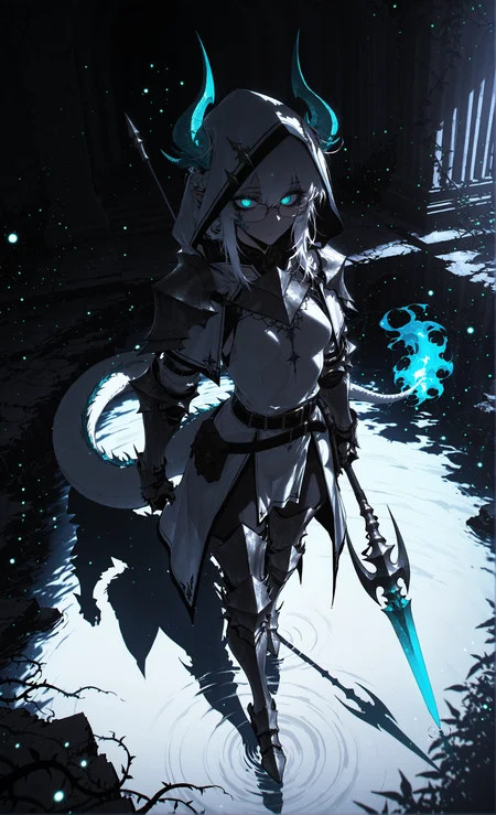 masterpiece, sharp detail, intricate detail, hair shader, 1girl, (j.k. ,rella, konya karasue), mature female, dragon girl, white dragon tail, white dragon horns, white hair, black tips, medium hair, french braid, glasses, pointy ears, aqua eyes, small breasts, light armor, hood up, horns, armored boots, gauntlets, belt, glowing eyes, ancient ruins, broken wall, dynamic angle, vines, wading, walking, holding spear, contrast dark and lights, weak single light ray, light particles, reflective water, from above, partially illuminated, <lora:V2_yakumo_alchemy:0.7> glowing, glowing particles, glowing light particles, light particles, aqua flame-tipped tail, white theme,  chiaroscuro, volumetric lighting, dappled light, dramatic shadows, cinematic lighting, detailed background, light and shadow contrast, <lora:darkness_xl_v20:0.5>