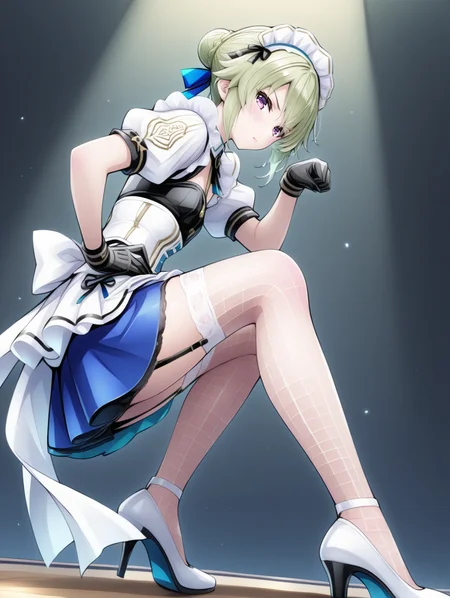 perfect quality,best quality,absolutely eye-catching,ambient occlusion,raytracing BREAK
1girl,<lora:feizu meido IL v1.0:0.8>,meido,green hair,purple eyes,short hair,maid headdress,ribbon,maid,lace trim,garter straps,puffy short sleeves,black gloves,blue skirt,solo,white corset,white sleeves,white fishnet thighhighs,high heels,, from behind, looking at viewer,full_shot,leaning_forward,cat_pose,hands_on_hips,m_legs,