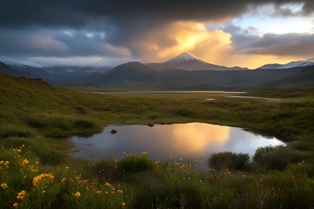 Stable_Yogis_PDXL_Positives,<lora:age_slider_v4:-2>,A picturesque scene of the high-altitude lagoons in Ecuador, surrounded by majestic mountains and vibrant wildflowers, The scene is set at sunrise, with soft light reflecting off the water, The atmosphere is tranquil and inviting, celebrating the beauty of nature,(A moody late afternoon with heavy, dark clouds and a hint of sunlight breaking through. The atmosphere is dramatic and filled with anticipation, capturing a moment of transition),âââ