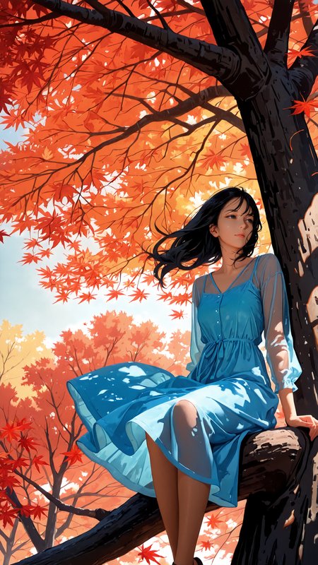 masterpiece, absurdres, (impressionism:1.2), realistic body, minimalism, scan,
1girl, maple leaf, sitting in tree, light blue dress, see-through silhouette, black hair, wind,