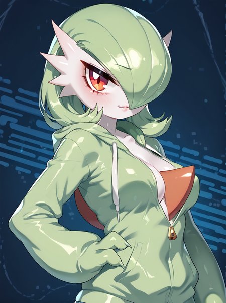 detailed background, shiny skin, posing,
<lora:drunkoak.pony:1>,
drunkoak, gardevoir,
casual clothing, animal hoodies, ,