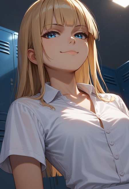 (score_9, score_8_up, score_7_up), 1girl, solo,blonde hair, blue eyes, long hair, hime cut, long bangs, small breasts, buttoned shirt, white buttons, white shirt,   short sleeves, collarbone,
(face focus, close-up:1.3),  standing, locker room, night time, dim lighting, dynamic lighting, 
(leaning back, arched back, dutch angle:1.2), 
(relaxed, smug:1.2),