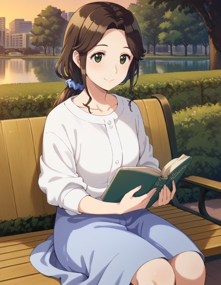 score_9, score_8_up, score_7_up, source_anime, BREAK
1girl, evening, smile, looking at book,
konomi moriya, long hair, brown hair, parted bangs, sidelocks, dark green eyes, 
blue hair scrunchie, casual outfit, collarbone, white blouse, medium sleeves, blue skirt,
dawn, park, slide, bench, sitting, city, river, holding book
<lora:konomi_moriya_anime-soralz:1>