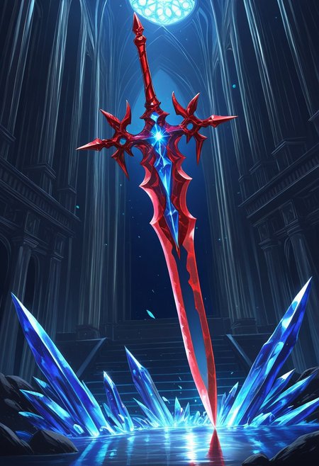 MASTERPIECE, AMAZING QUALITY, NO HUMANS, G0DSW0RD, SINGLE HILT, DOUBLE EDGE, CRYSTAL SWORD, BLUE BLADE, RED BLADE,