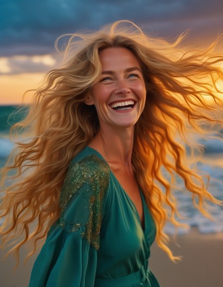 A woman with long, flowing golden blonde hair, her blue-green eyes sparkling with joy. Sheâs standing on a beach at sunset, the wind catching her hair and the waves gently lapping at her feet, her laughter echoing in the warm evening air. <lora:usual-portrait-v2:1>