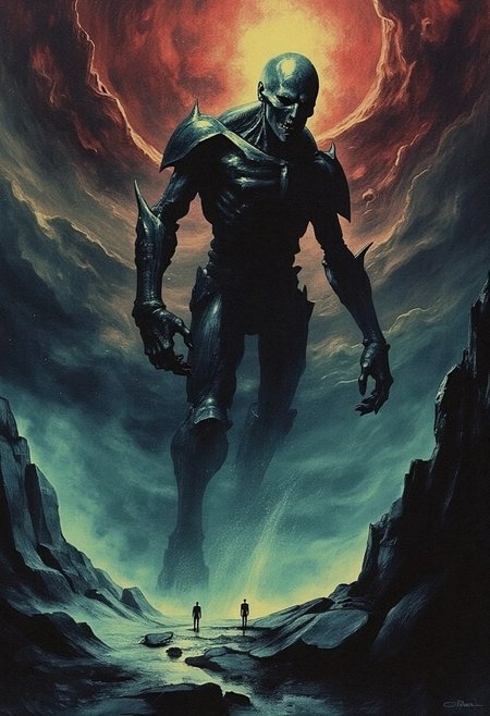 best quality, absolute masterpiece, high resolution,spectral colossus, towering figure, howl, eldritch, predator, starlight, void matter, warhammer, fractured crust, dying world, shockwaves, blackened stone, shattered ruins, light particles, glowing embers, drifting ash, violet-hued storm, forgotten gods, twisted gods, radiant annihilation, fiery golds, Celestial Teal, Cinder Black, Iridescent Red, cyan mist, painterly textures, raw chaos, mythic scale, surreal landscape, floating stone fragments, impossible angles, warped celestial patterns, dreamlike void, edge of existence, existential dread, violent transcendence, dark romanticism, asymmetry, deep focus, symbolism, divine brutality, highly detailed, fantasy art, Tenebrism, Baroque, Jake Parker, Arthur Rackham, Edmund Dulac, Mike Franchina, painterly illustration, high fantasy, dark fantasy, sci-fi horror, epic, surreal aesthetics, symbolic imagery, emotional intensity, darkly romantic, Anime style wallpaper, close-up, feet out of frame, dutch angle, mesmerizing, 2d, highly professional artwork,