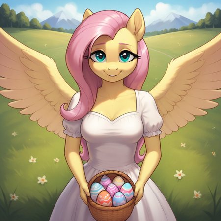 score_9, score_8_up, score_7_up, score_6_up, realistic illustration, dramatic angle, meadow, grass field, outdoors, close view, 1girl, solo, fluttershy, (anthro pony), 18 yo, tail, wings, petite body, shiny skin, medium breasts, white dress, long dress, seduce, seducing, horny face, inviting look, dynamic pose, dramatic angle, standing, looking at you, upper body, easter eggs, basket, holding basket with hands, easter eggs in basket