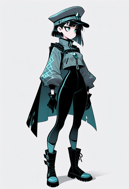 masterpiece, best quality, 1girl, solo, eyelashes, (beautiful eyes),    solo, simple background, gloves, long sleeves, hat, white background, standing, jacket, full body, boots, black gloves, grey background, cape, black footwear, gradient, gem, zipper, blue footwear,    <lora:Style60_IXL:1.0>,