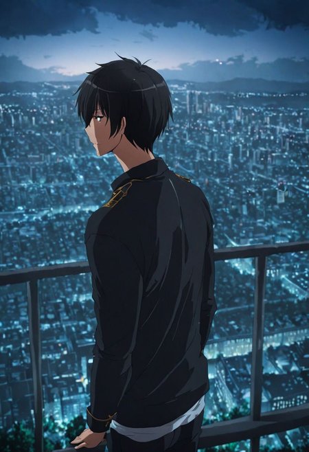 high resolution, solo, best quality, 1Boy, Kanie Seiya, Black Hair, high-rise, top of building, landscape, depth of field, OverallDetail