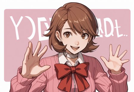 score_9, score_8_up, score_7_up, source_anime, <break> upper body, solo, 1girl, yukaridef, smile, open mouth, looking at you, fakemrbeast, hands up, brown hair, brown eyes, gekkoukan high school uniform, pink cardigan, collared shirt, red bow, long sleeves, earrings, white choker
 <segment:yolo-face_yolov8m.pt,0.4,0.5//cid=1>