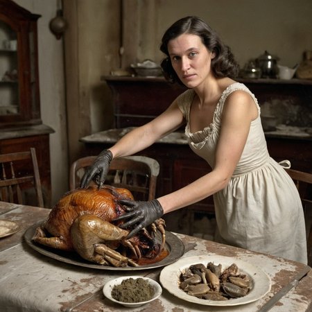 daguerreotype portrait circa 1850, woman setting a platter of roasted alien turkey and trilobites on a dirty dining table, in old kitchen, wearing a cotton revealing sexy dirty old ripped dress made of cotton, detailed face,