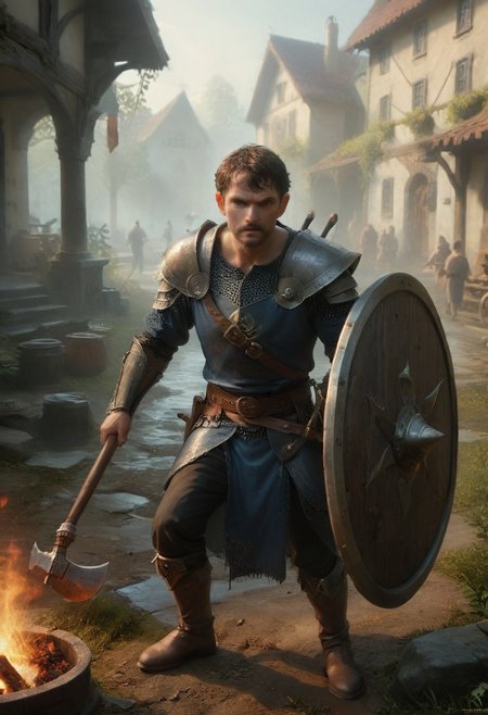 realistic, photorealistic, Expressiveh, score_9, score_8_up, score_7_up, axe and shield,
1boy, solo, Dwarf, short stature, brown hair, old, big nose, going berserk, angry, wielding an axe, 
source_anime, in the fog, silhouette, small village on fire, medieval, feudal, 
from above,