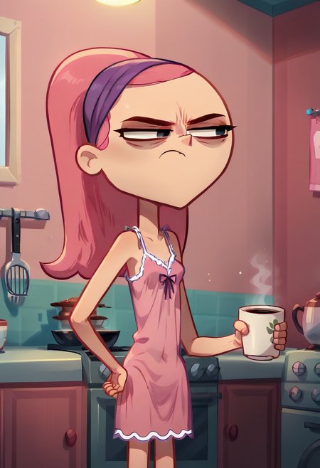 score_9, 1girl, solo, trina riffin, pink hair, frown, closed mouth, indoors, room, pink room,
wear only nightgown, loose clothes, one hand holding a cup of coffee, one hand on hip, sleepy eyes, eyes half close, baggy eyes, kitchen background,