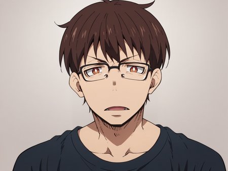 score_9, score_8_up, score_7_up, score_6_up, score_5_up, <lora:fforceXLP:1> fforce, 1boy, male focus, glasses, brown hair, solo, brown eyes, open mouth, anime coloring, looking at viewer, shirt