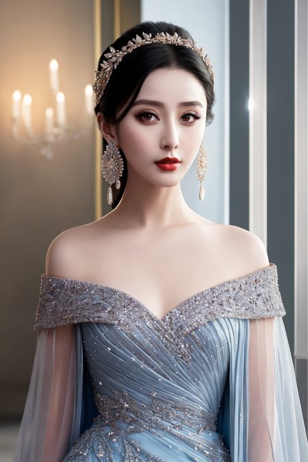 Masterpiece, high quality, 4K, beautiful design, shiny, from the front, award winning photo, extremely detailed, amazing, fine detail, absurdres, highly detailed woman, extremely detailed eyes and face, by lee jeffries nikon d850 film stock photograph 4 kodak portra 400 camera f1.6 lens rich colors hyper realistic lifelike texture dramatic lighting unrealengine trending on artstation cinestill 800 tungsten, solo, 1girl,
fanbingbing, a woman in a white dress, standing in front of a blue wall , wearing fanbingbing fashion
 <lora:FanFashion:0.8>