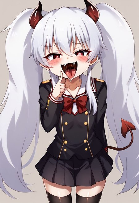 score_9, score_8_up, score_7_up, BREAK source_anime, BREAK,  <lora:grim_aloe(pony):0.7>grim aloe, white hair, red tail, dark red eyes, demon tail, very long hair, twintails, thick twintails, white hair, long hair, demon horns, dark red horns, demon tail, demon wings, red tail, black school uniform, long sleeves, very short skirt, white hair, open mouth, smug, mesugaki, blush, black stockings, right hand pointing into mouth (hungry), left hand over stomach, one hand down, thighup, <lora:Blue_willow_074_style:1>, open mouth,  <lora:Big_mouths_PonyXL:1> open mouth, closeup, throat, uvula, saliva, tongue out,