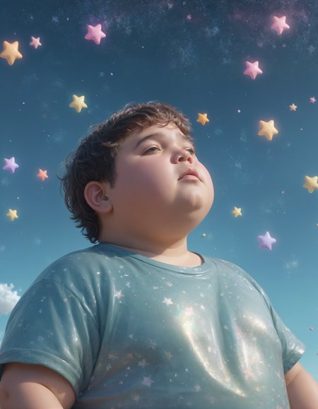 Pastels artwork, Process Art, Dreamy chubby Artisanal Boy, floating, wearing Plastic, Stars in the sky, equirectangular 360, (art by Stanley Kubrick:0.7), shiny intricate 3D graphics octane render highly detailed 8k HDR UHD high quality professional unreal engine PS5  cinematic vray
