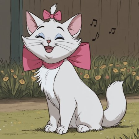 uncensored, masterpiece, best quality, highly detailed, realistic, solo, MarieAT, furry, feral, feline, cat, pink inner ear, black eyebrows, light-blue sclera, eyes closed, white body, white fur, white chest tuft, pink bow ribbon, neck bow, bow accessory, whiskers, medium tail, smile, open mouth, looking at viewer, grass, flowers, backyard, detailed background, side view, full body, 3 toes, 4 fingers, sitting, singing, music notes, dutch angle