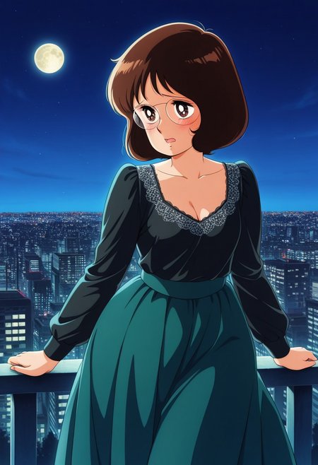 bob-cut, brown short hair, brown eyes, glasses, 1girl, solo, high detail, score_9, score_8_up, score_8, (solo), small breasts, Big hips, shy, scared, blush, indoor, chubby, curvy, score_9, score_8_up, score_7_up, masterpiece, best quality, official art, official style, very aesthetic, absurdres, source_anime, perfect anatomy, 1980s (style), hanging eyes, cleavage, perfect proportions, anatomically correct,  perfect hands, perfect fingers, long green and black dress, vintage dress, long green skirt with white lace, green puffy long sleeves, fully covered, city at night, vintage city at night, full moon in the sky, Early XX century setting,