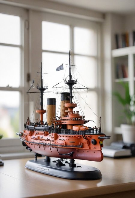 a photo, realistic, photography, masterpiese, colorful, bright and whimsical, imaginative, epic image of a miniature ship model predreadnough battleship orel in big glassed buttle. A miniature printed on a 3D printer. It stands on a desk, with natural light from a large window in the background and a desk lamp.The background is blurred by Hasselblad depth of field, 100 mm, macrolens, high detail,