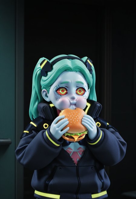 r0b0style, 3d figure,   masterpiece, best quality, solo,                        rebecca from cyberpunk edgerunners, jacket, green hair, cheeks puffed out, holding burger, faceshot