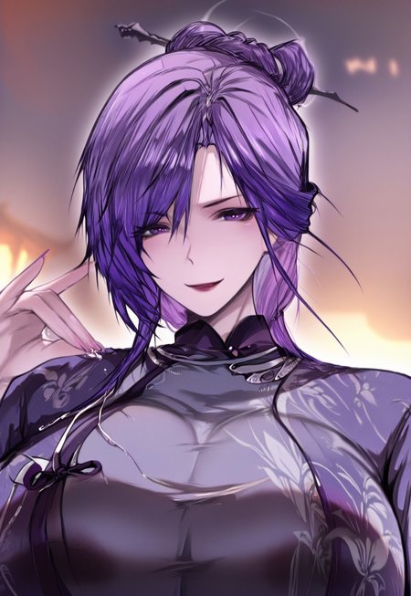 Jun,purple chinese clothes, purple hair,solo, 1girl, purple eyes, detailed eyes, huge breast, upper body, anbiru, hairpin, look at viewer, smile, eye highlight, 



 masterpiece,best quality,amazing quality,highres