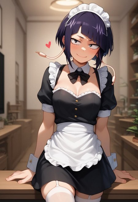 score_9, score_8_up, score_7_up, source_anime, (solo:1.9)
BREAK,
HDA_MasterpieceXL_v.1,
BREAK
1girl:kyouka jiro,  <lora:Kyoka_jiro V:1>,boku_no_hero_academia, blunt bangs, ,((earlobes), (earphone plugs)), purple hair,small hair, black eyes,small breasts,
BREAK
inside, maid cafe, cups, Standing,
BREAK
, cleavage, apron, wrist cuffs, black maid,black skirt, maid headdress, enmaided, smug, White stockings, waitress slippers,pose sexy
BREAK
, hands behind back
BREAK
lust, hearts in the pupils, euphoria
