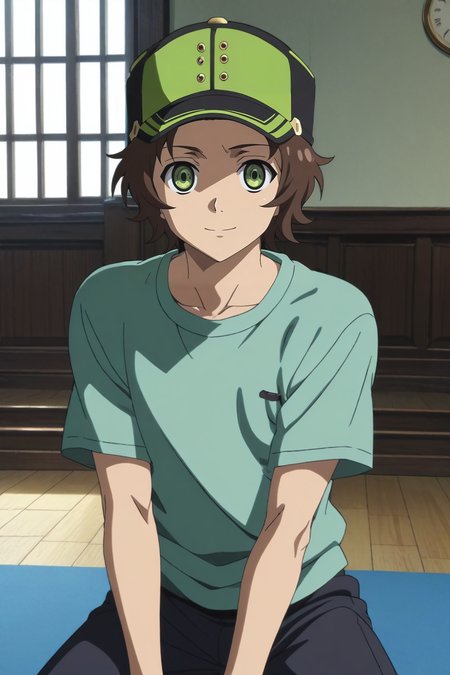 score_9, score_8_up, score_7_up, source_anime, rating_safe, intricate details, anime screencap, anime coloring, , looking at viewer, , 1boy, solo, male focus, <lora:yoichi_saotome_pony:0.88>, yoichi_saotome, brown hair, green eyes, short hair, hat, straight-on, fantasy land, indoors, dark, yoga, half-closed eyes, smile, , <lora:sdxl_lightning_8step_lora:1>