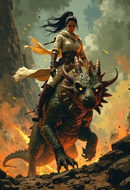 This image depicts an intense and dynamic scene where a warrior-like figure, poised for action, stands atop a fearsome, mythical dragon. The character has a strong and determined expression, suggesting they are in the midst of battle or on a daring journey. Their dark hair is swept back, caught in motion, and tied in a high ponytail, adding to the sense of movement in the image. The warrior is dressed in light, flowing robes and garments that are intricately detailed, with elements of traditional Asian warrior attire. The billowing fabric of their clothes blends with the swirling clouds of dust and smoke that surround them, creating an atmosphere of power and energy. The swirling dust gives the impression that the dragon is moving at high speed, kicking up the earth and creating an almost otherworldly storm around them. The dragon itself is a majestic creature with detailed, rocky scales and fierce, glowing eyes. Its head is large and adorned with sharp, stony ridges and horns. The dragon appears to be part of the earth itself, with its texture blending seamlessly into the surrounding environment, giving the impression that it is a powerful being of the land. The overall scene is filled with swirling motion, from the dragon’s movements to the clouds of dust and fire-like embers flickering in the air.