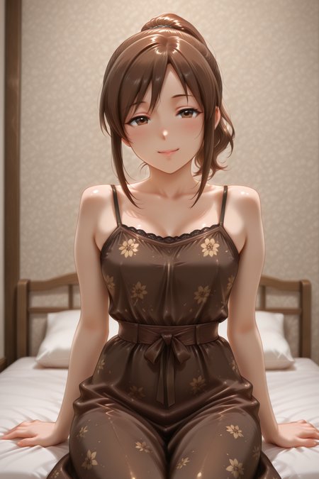 masterpiece, best quality, amazing quality, 1girl, solo, makeup, general, looking at viewer, blush, cowboy shot, seductive smile, room, seduce, sitting, on bed, indoors, fancy, blush, lovely, spread arms, <lora:Mifune_Miyu_Cinderella:1>, Mifune_Miyu_Cinderella, brown hair, brown eyes, breasts, ponytail, sidelocks, <lora:Mocha_Petal_Dress:1>, Mocha_Petal_Dress, dress, bare shoulders, sleeveless, bare arms, floral print, spaghetti strap, brown dress, shiny clothes, long dress, <lora:wai-2Rectified-V140:1>, <lora:illustrious_noobai_epsilon_pred_1_masterpieces_v1:1>