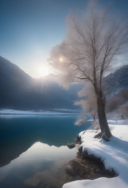 Winter scenery, winter lake, quiet lake,  tree on the shore of a lake,  beautiful lake reflecting beautiful mountains, dappled sunlight, diamond dust, sunlight,  blue sky, day, beautiful view, mysterious glow, beautiful clouds, depth of field, masterpiece, best quality, 8k, ultra-detailed, very aesthetic, superb composition, finest details, intricate details, absurdres, high contrast,