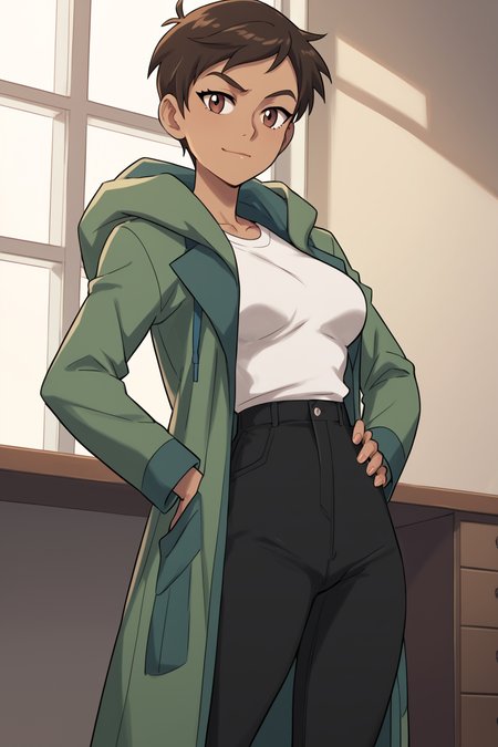 PonyXLV6_Scores BREAK ((parody, anime coloring), perfect anatomy, perfect eyes, cowboy shot), <lora:add_details_xl:0.8> BREAK <lora:Lois_Lane_-_MAWS:0.8> 1girl, dark-skinned female, tomboy, short hair, brown hair, brown eyes,  flirting, raised eyebrow, ((looking at viewer)), green coat, long coat, hood, white shirt, shirt, black pants, medium breasts, curvy, toned, athletic, seductive pose, hands on hip, indoors